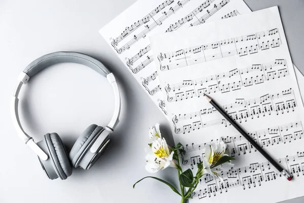 Composición Con Auriculares Flores Hojas Música Sobre Mesa — Foto de Stock