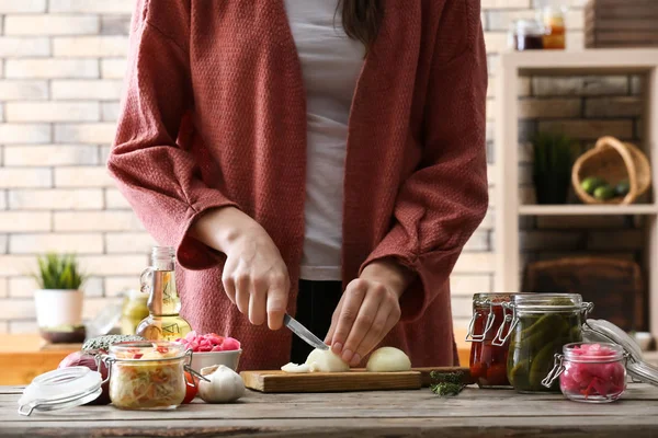 Woman Preparing Vegetables Fermentation Table Kitchen — Stock Photo, Image