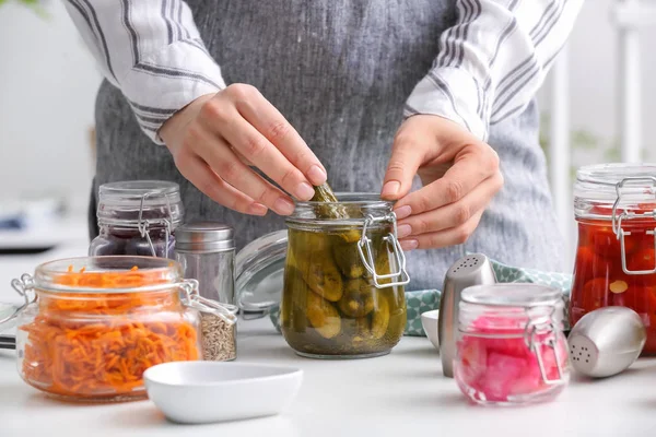 Woman Glass Jar Fermented Cucumbers Kitchen — Stock Photo, Image