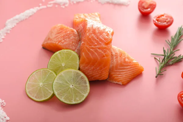 Raw Salmon Fillet Lime Color Background — Stock Photo, Image