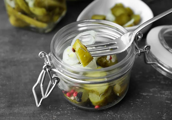 Fork Jar Tasty Fermented Cucumbers Grey Table — Stock Photo, Image