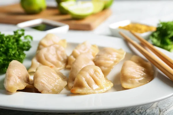 Tasty Japanese Gyoza Plate Closeup — Stock Photo, Image