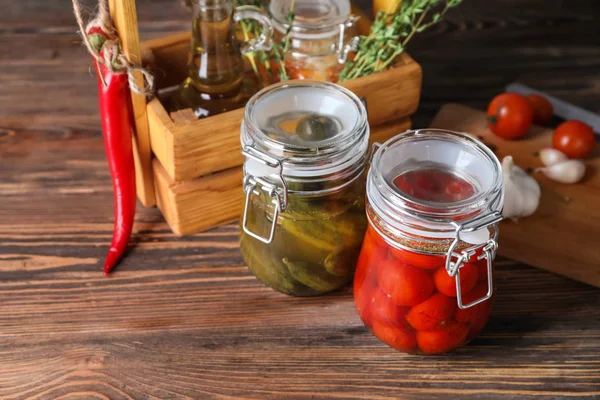 Jars Tasty Fermented Vegetables Wooden Table — Stock Photo, Image