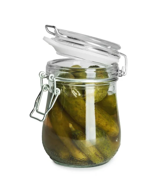 Jar Met Smakelijke Gefermenteerde Komkommers Witte Achtergrond — Stockfoto