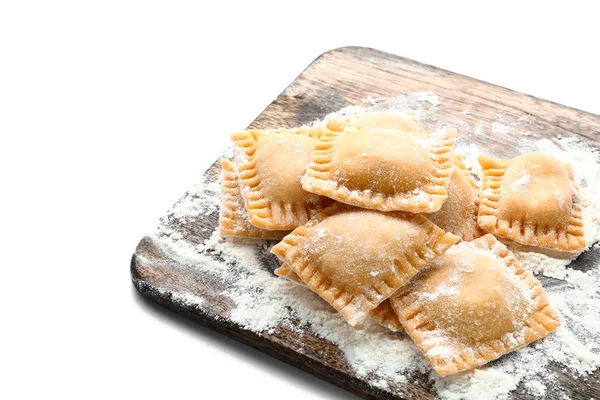 Wooden Board Uncooked Ravioli White Background — Stock Photo, Image