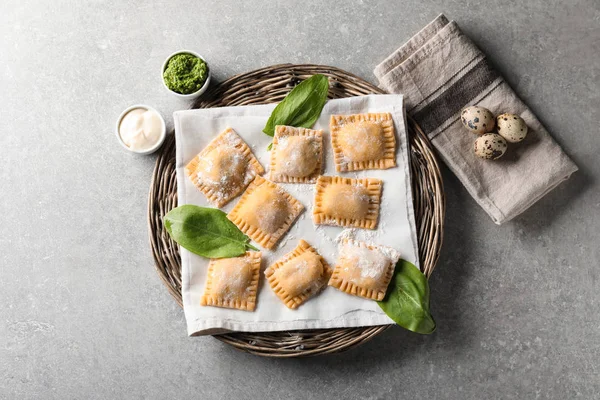 Uncooked Ravioli Grey Table — Stock Photo, Image