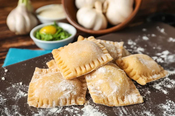 Plate Uncooked Ravioli Table Closeup — Stock Photo, Image