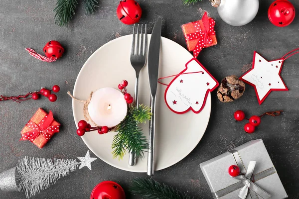 Beautiful Christmas Table Setting Grey Background — Stock Photo, Image