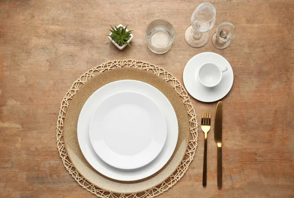 Simple Table Setting Wooden Background — Stock Photo, Image