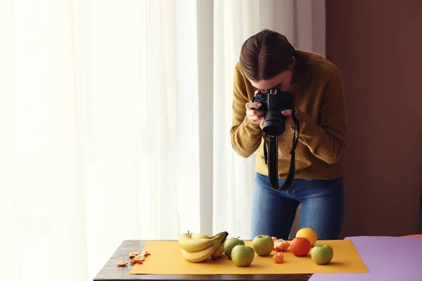 Young Woman Taking Picture Fresh Fruits Professional Studio — Stock Photo, Image