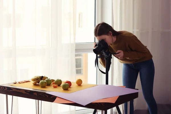 Young Woman Taking Picture Fresh Fruits Professional Studio — Stock Photo, Image