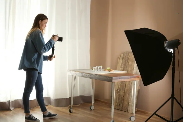 Young Woman Taking Picture Drink Professional Studio — Stock Photo, Image