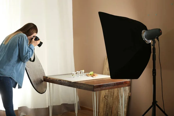 Young Woman Taking Picture Drink Professional Studio — Stock Photo, Image