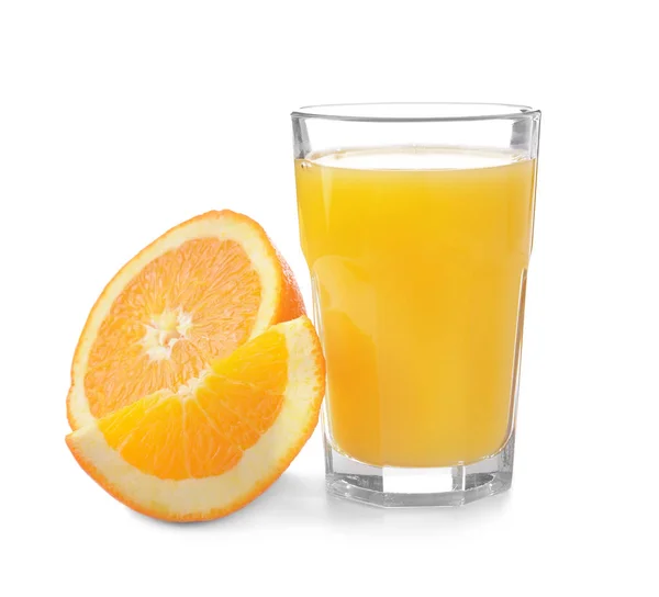 Copo Suco Laranja Saboroso Fundo Branco — Fotografia de Stock