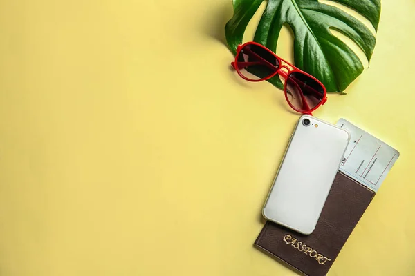 Stylish Sunglasses Mobile Phone Passport Ticket Color Background — Stock Photo, Image