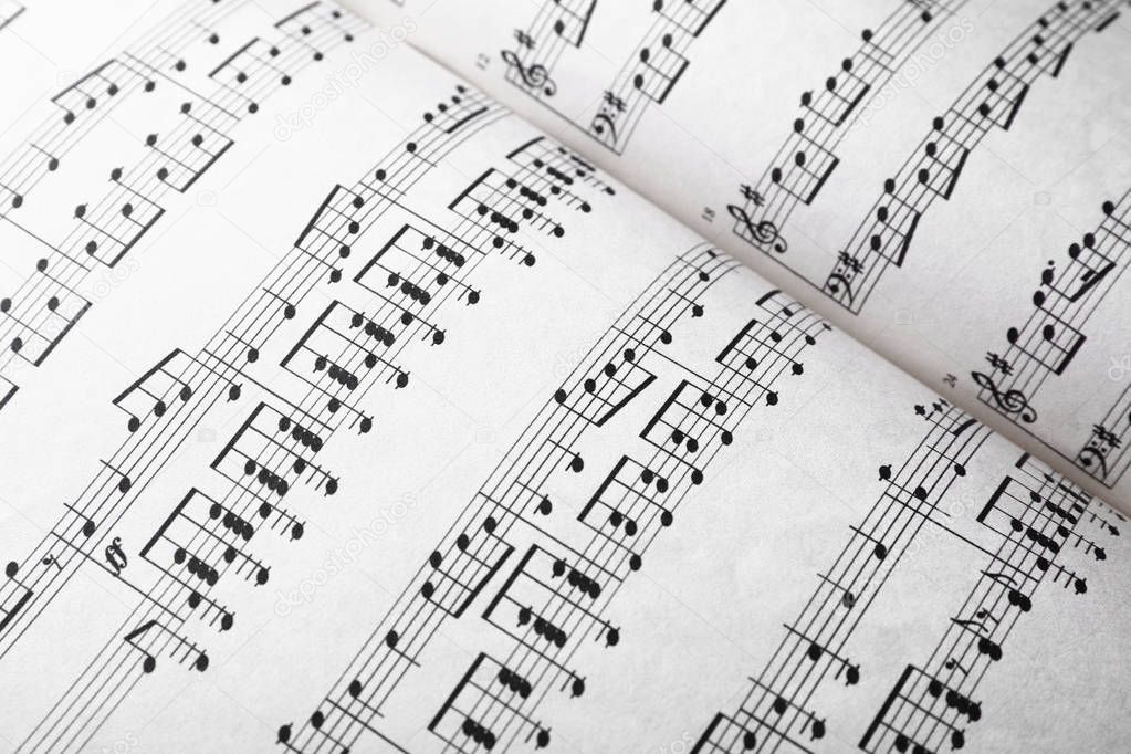 Music sheets on table, closeup