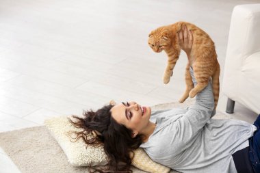 Genç kadın evde şirin komik kedi ile oynarken