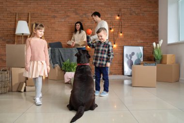 Aile yeni eve taşıdıktan sonra karton kutular ile