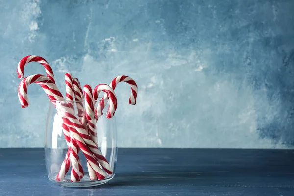 Glass Jar Candy Canes Wooden Table — Stock Photo, Image