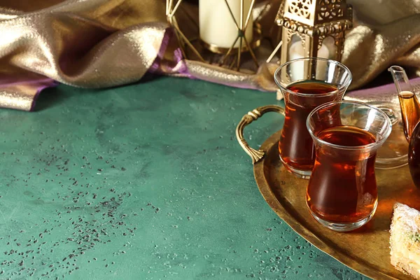 Tray Hot Turkish Tea Table — Stock Photo, Image