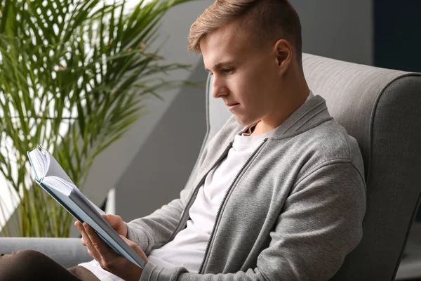 Handsome Young Man Reading Book Home — Stock Photo, Image