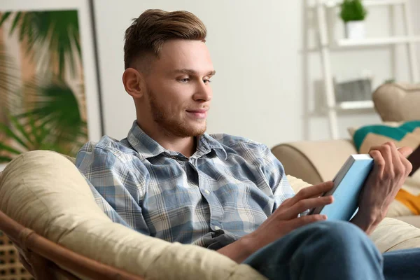 Handsome Young Man Reading Book Home — Stock Photo, Image