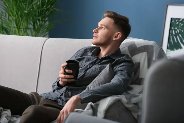 Handsome Young Man Drinking Coffee Home — Stock Photo, Image