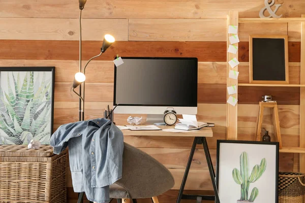 Stylish Workplace Modern Computer Wooden Wall Home — Stock Photo, Image