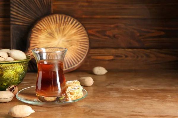 Turkish Tea Traditional Glass East Sweets Wooden Table — Stock Photo, Image