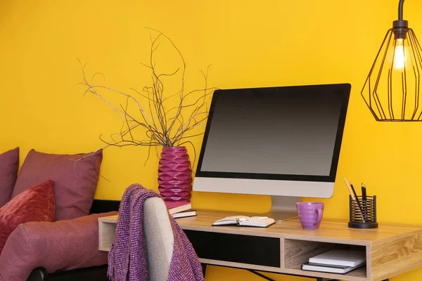 Stylish Workplace Modern Computer Color Wall Home — Stock Photo, Image