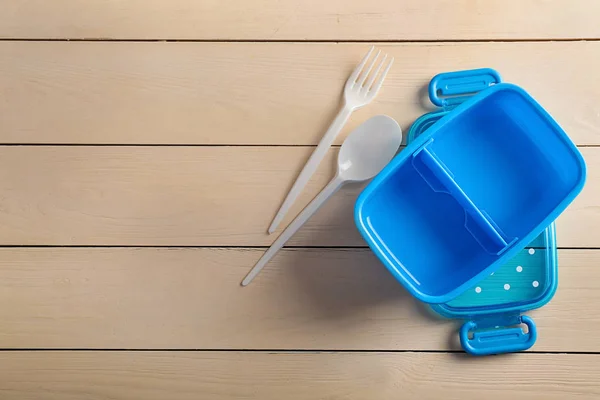 Empty School Lunch Box Wooden Background — Stock Photo, Image