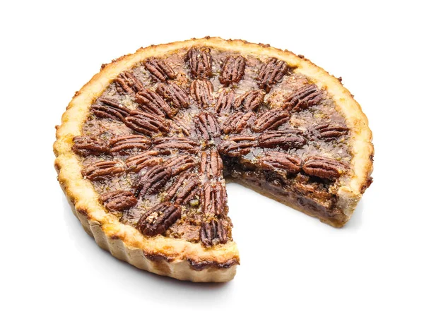 Tarte Aux Pacanes Savoureuse Sur Fond Blanc — Photo