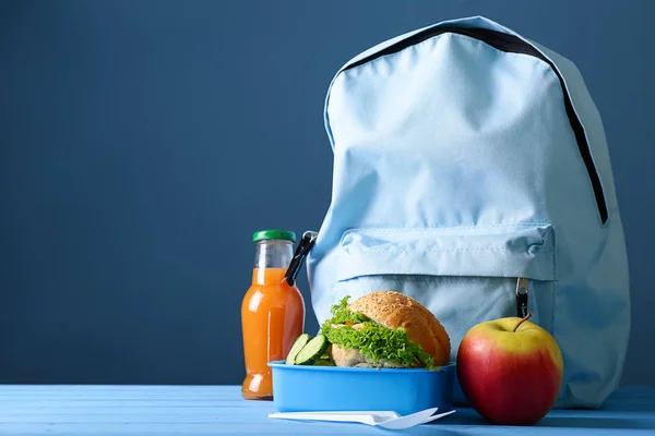 Bolsa Escuela Lonchera Con Comida Saludable Mesa — Foto de Stock