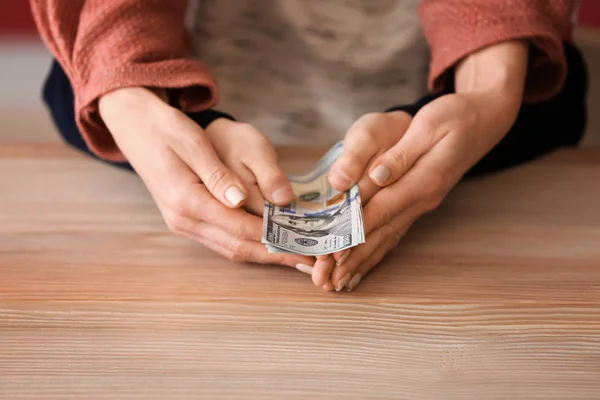 Woman His Son Holding Dollar Banknotes Wooden Table Concept Child — Stock Photo, Image