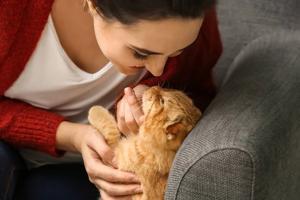 おもしろかわいい猫は自宅を持つ若い女性 — ストック写真