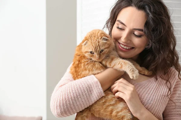 年轻的女人与可爱的有趣的猫在家里 — 图库照片