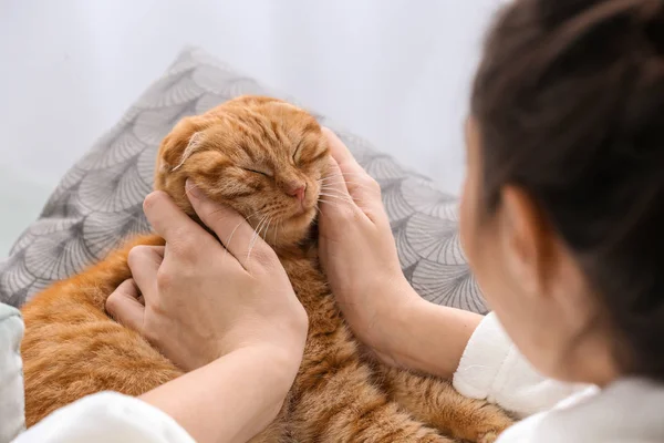 Ung Kvinna Med Söt Rolig Katt Hemma — Stockfoto