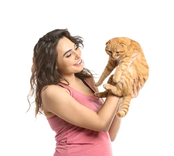 Young Pregnant Woman Her Cute Funny Cat White Background — Stock Photo, Image