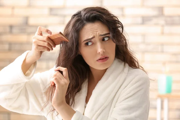Woman Hair Loss Problem Bathroom — Stock Photo, Image