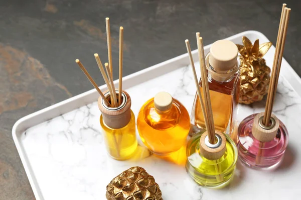 Tray Different Reed Diffusers Table — Stock Photo, Image