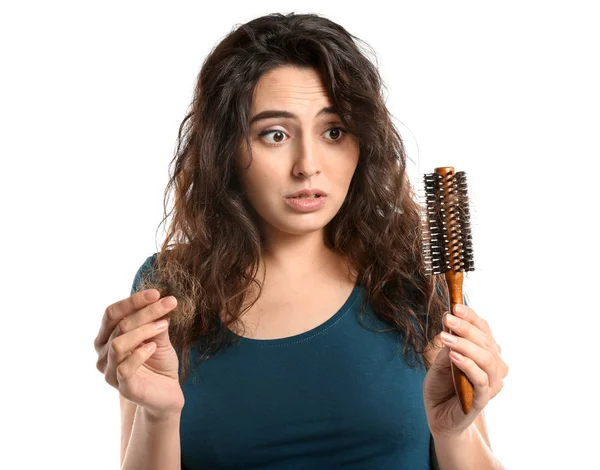 Frau Mit Haarausfall Problem Auf Weißem Hintergrund — Stockfoto