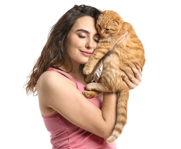 Jovem Com Seu Gato Engraçado Bonito Fundo Branco — Fotografia de Stock