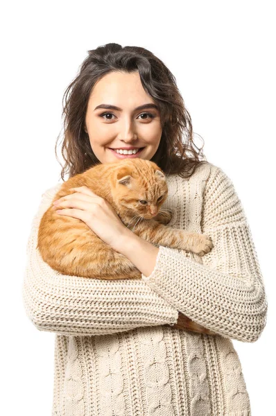 Jovem Com Seu Gato Engraçado Bonito Fundo Branco — Fotografia de Stock