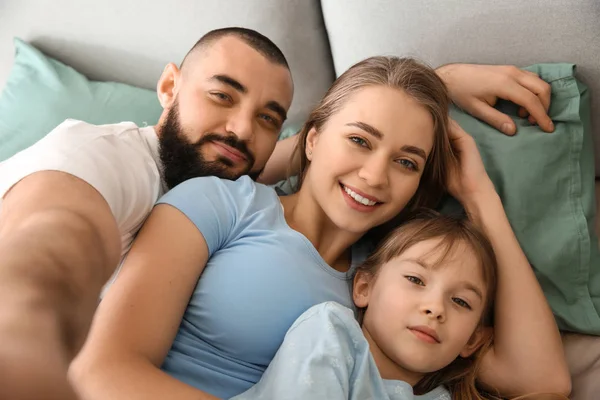 Happy Family Taking Selfie Bed — Stock Photo, Image