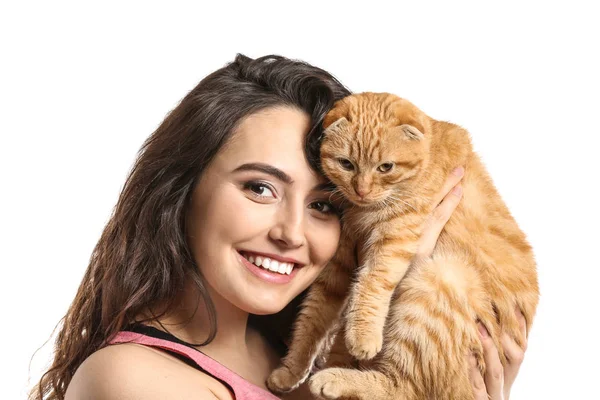 Jovem Com Seu Gato Engraçado Bonito Fundo Branco — Fotografia de Stock