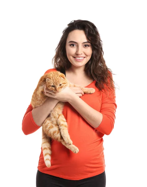 Young Pregnant Woman Her Cute Funny Cat White Background — Stock Photo, Image