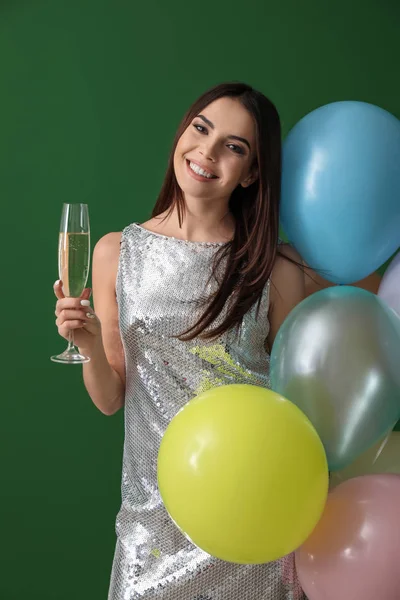 Beautiful Young Woman Balloons Glass Champagne Color Background — Stock Photo, Image