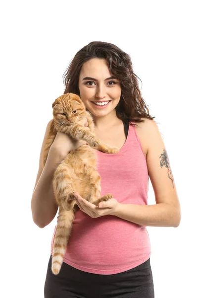 Young Pregnant Woman Her Cute Funny Cat White Background — Stock Photo, Image