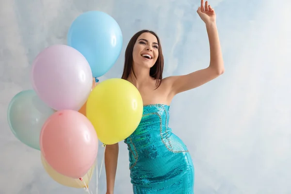 Beautiful Young Woman Balloons Light Background — Stock Photo, Image