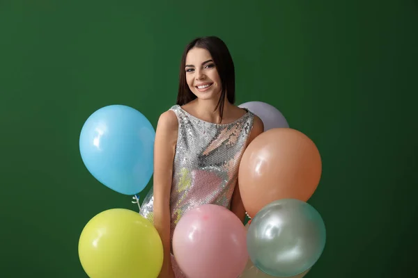 Beautiful Young Woman Balloons Color Background — Stock Photo, Image